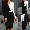 Fashion Women Long Sleeve Buttons V-Neck Patchwork  Work Dress