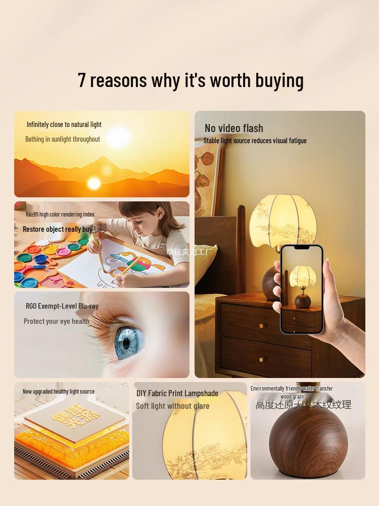 Retro Chinesische Nachttischlampe für Wohnzimmer, Schlafzimmer & Arbeitszimmer