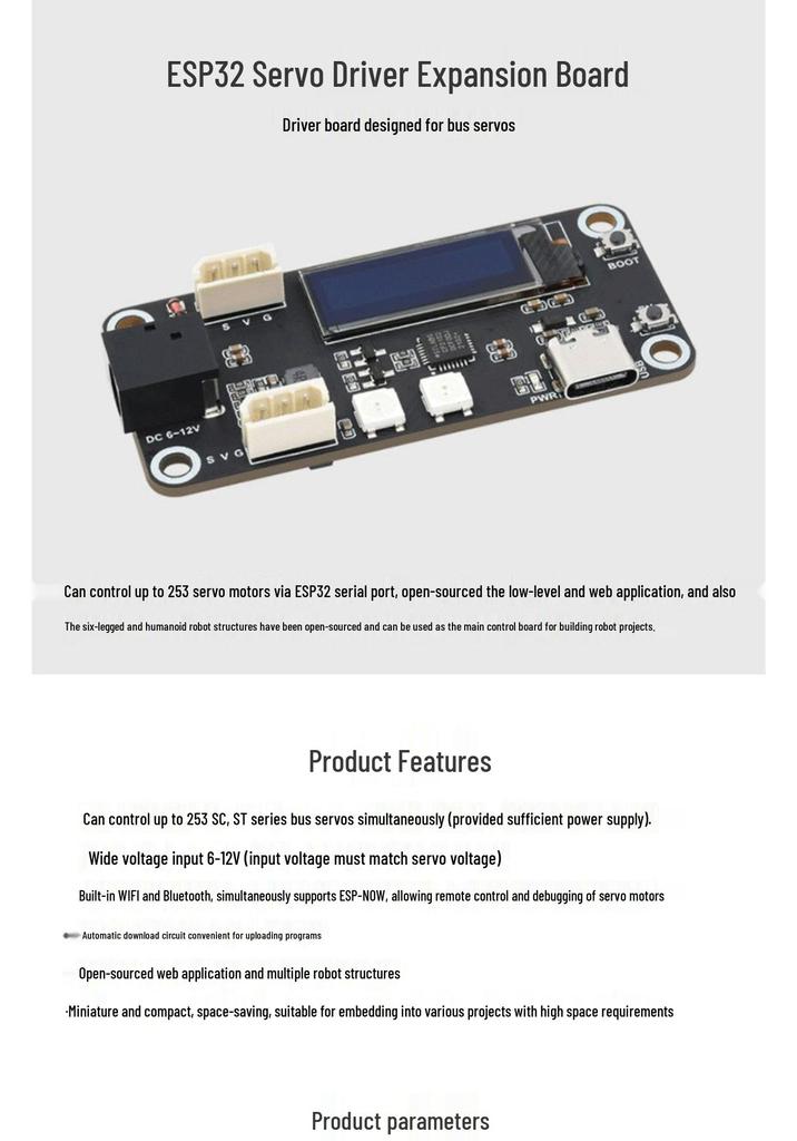 ESP32 Servo Driver Board with UART, WiFi/Bluetooth 5.0 Control for 6-12V Systems.