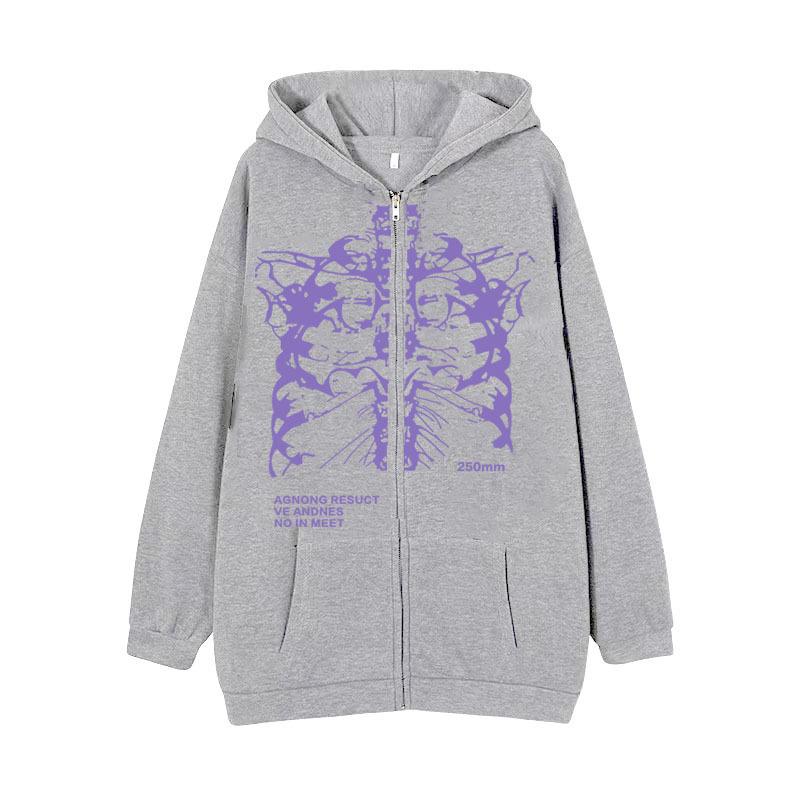 Cross-border new product spot skull wings hooded zipper sweater women's fleece thickened loose sports cardigan sweater women's