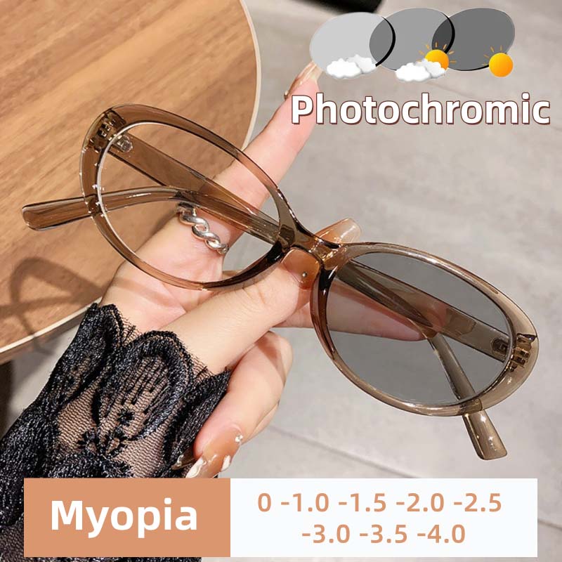 Fashionable Cat Eye Photochromic Myopia Glasses Ladies' Minimalist High-end Oval Anti Blue Light Glasses Diopter To -4.0