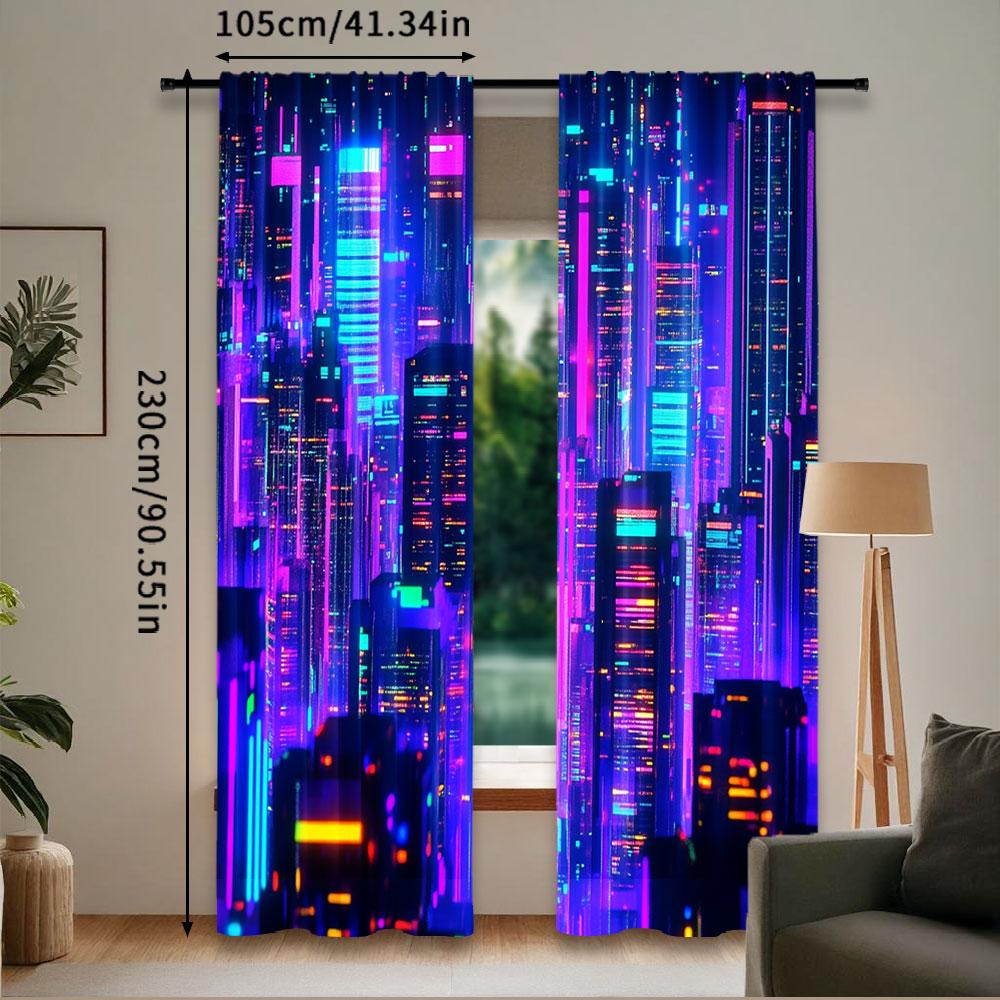 2Pcs Retro 80S Modern Punk Night City Curtain Futuristic Aesthetic Apply To Bedroom Living Room Office Dormitory A
