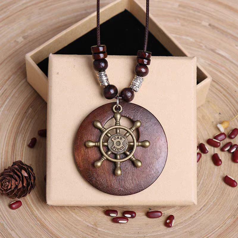 Retro Leather Rope Necklace with Wooden Alloy Pendant for Cotton and Linen Sweaters