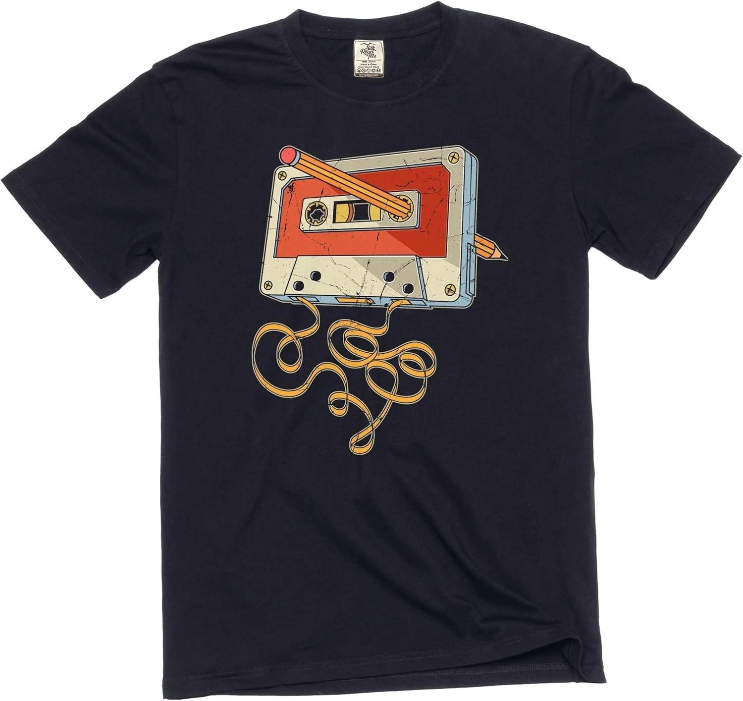 

Men_s Funny Cassette and Pencil T- Shirt 80s 90s Born millennials tee Shirt 4XL