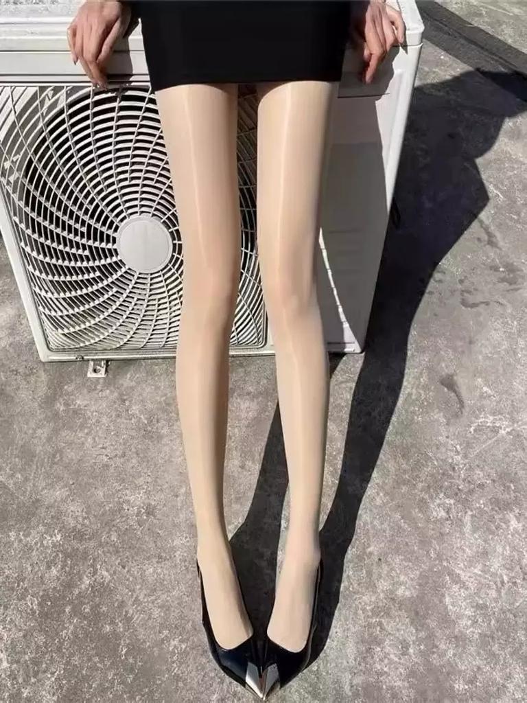 Plus Size Basic Pantyhose, Women'S Plus Solid High Rise Smoothing Oil Shiny Skinny Stockings