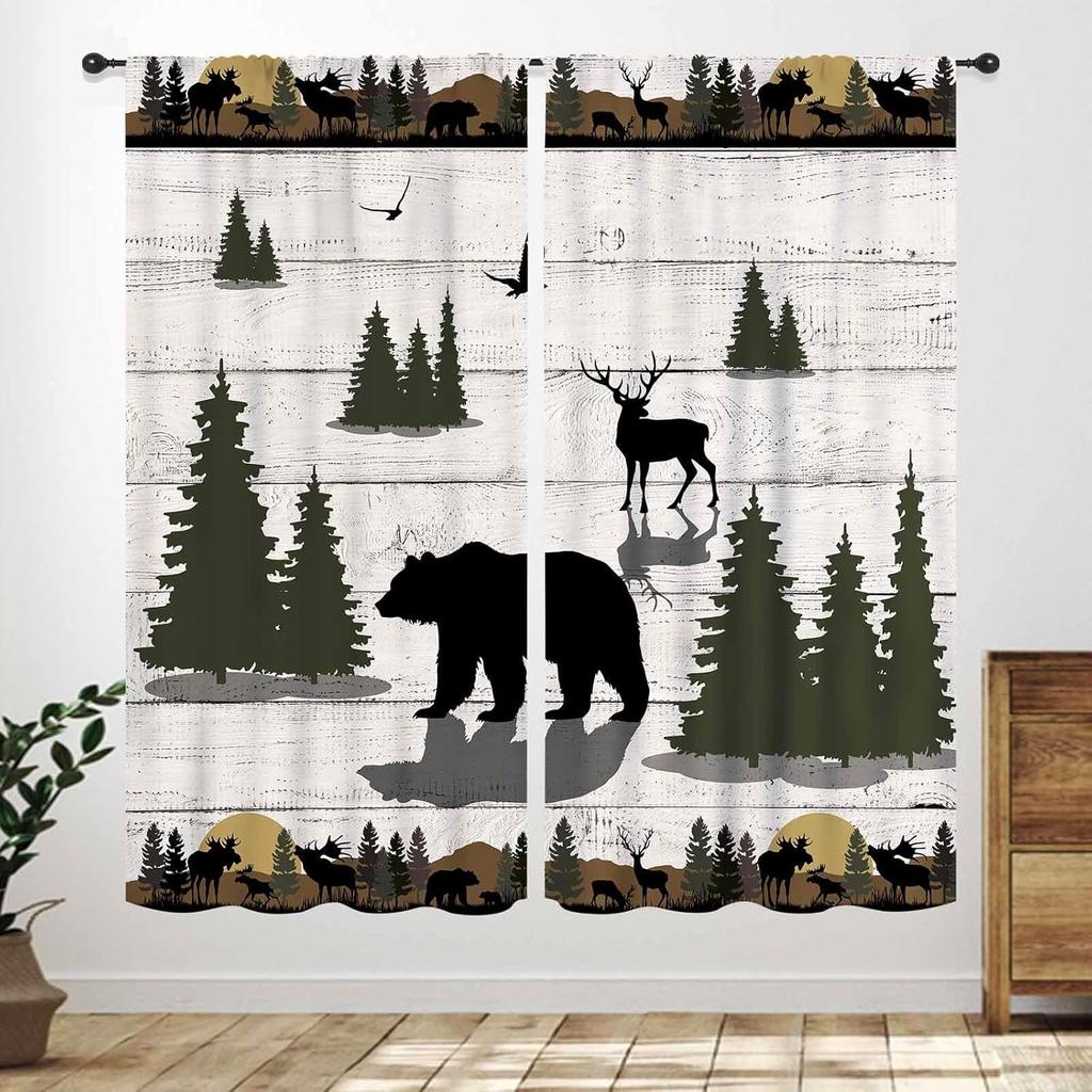 Rustic Deer Curtains,Farmhouse Cabin Lodge Country Forest Hunting Wild Animal Vintage Elk Window Treatments Drapes for Bedroom