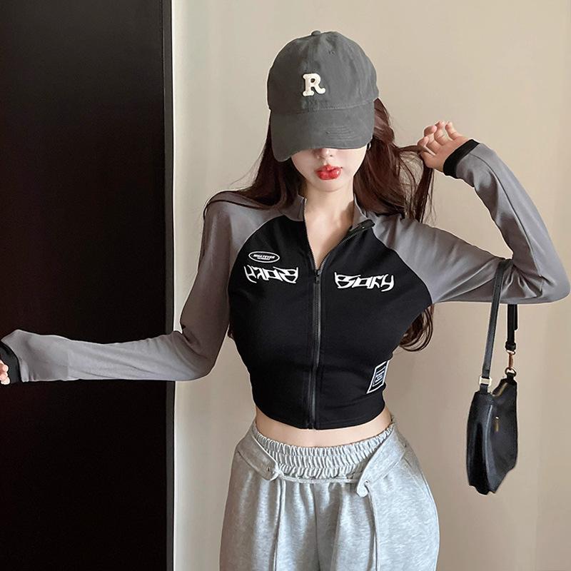 Spice Girl T-shirt Women's Trendy Short Contrasting Color Zipper Tight and Thin Long-sleeved Bottoming Shirt Top