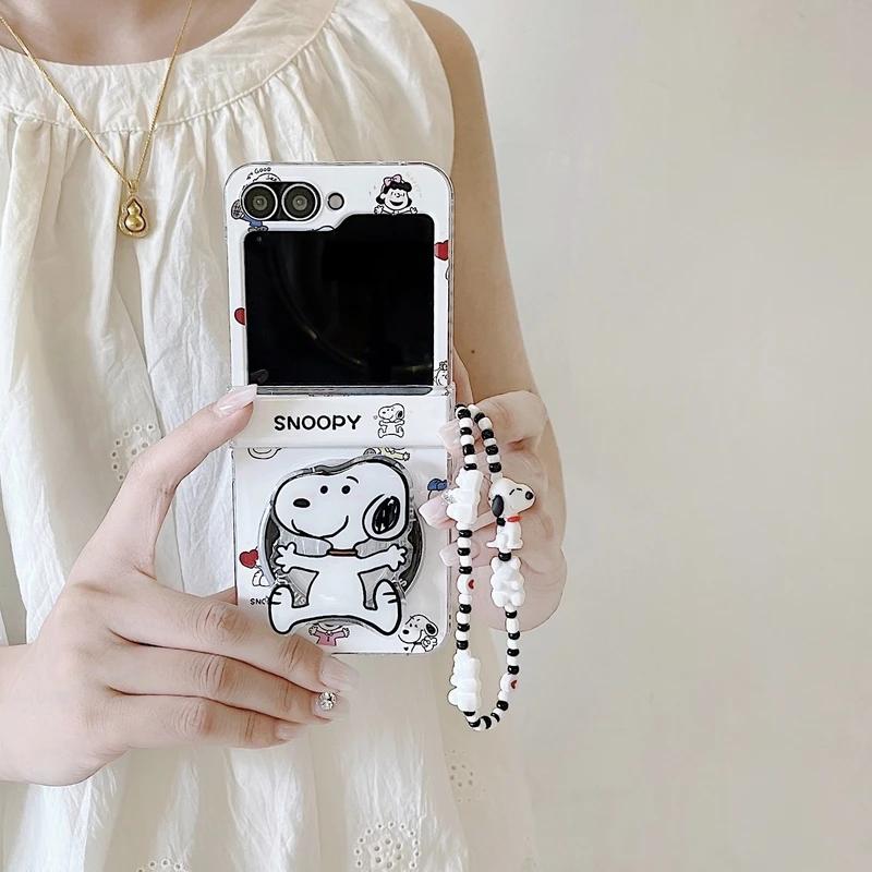 Niedliche Cartoon Snoopy Charlie Brown Magnetischer Halter Kabellose Lade Handyhülle Für Samsung Galaxy Z Flip 6 5 4 3 Harte TPU Hülle