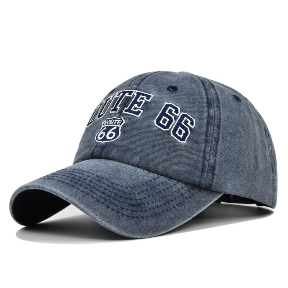 Route 66 Vintage Embroidered Baseball Cap Washed Denim Duckbill Cowboy Hat Sun Hat