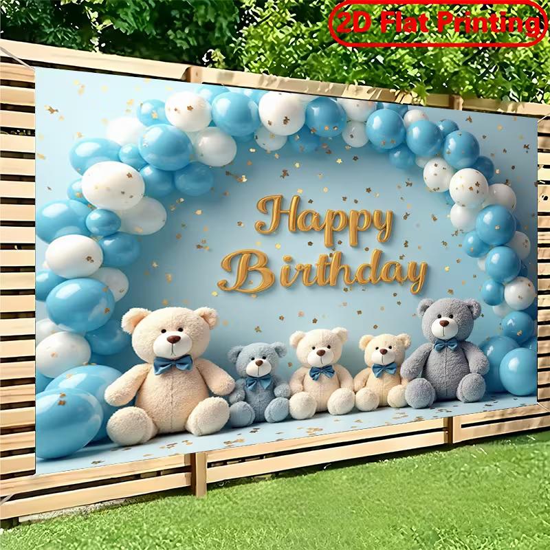 2D Cute Teddy Bear Backdrop, "Happy Birthday" Blue Balloons Party Background