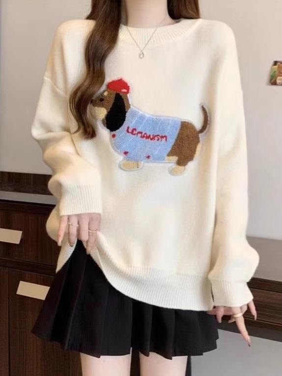Sausage Dog Embroidered Cozy Knit Sweater: Trendy Cartoon Design, High-Grade Round Neck for Fall/Winter