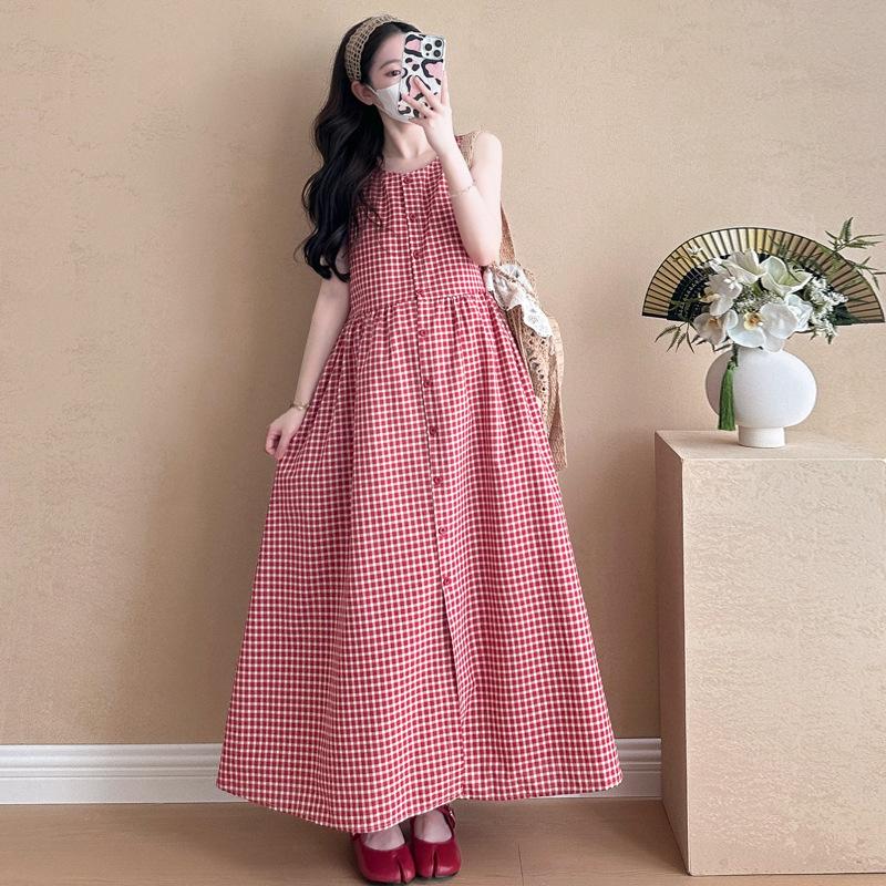 2026 Summer Mori Girl Plaid Maternity Pinafore Dress – French & Korean Style, Belly-Covering, Loose Fit Large