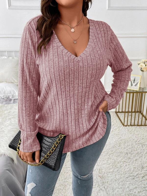 Women's V Neck Long Sleeve Knit Top Loose Fit Casual Solid Color Ribbed Plus Size Sweater Tunic