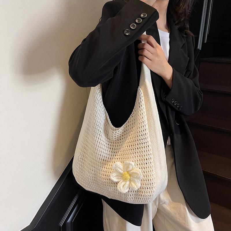 Floral Crochet Shoulder Bag Bohemian Knitted Hollow Out Tote Crochet Underarm Bag for Women Summer Beach CLE