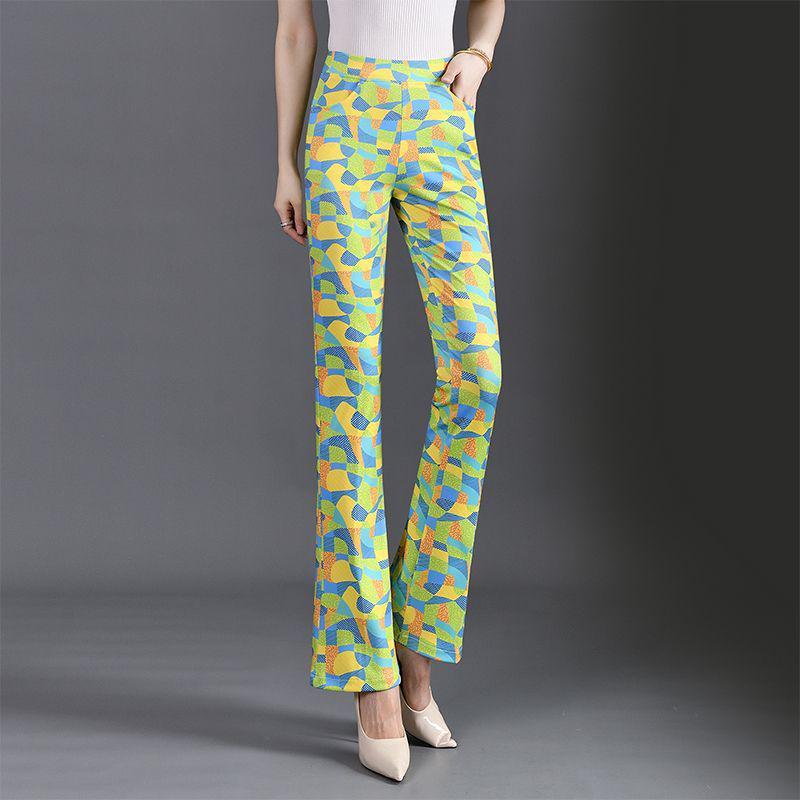 Summer Fashion Slimming Women's Stretchy Plaid Micro Flare Pants with Elastic Waist