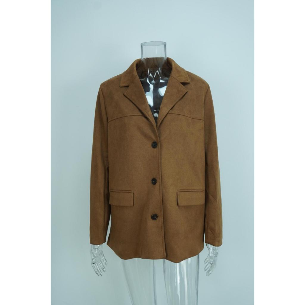 Women's Vintage Brown Oversized Blazer, Stylish Long Sleeve Loose-Fit Jacket with Pockets, Plus Size Women's Trench Coat Comfortable Outerwear