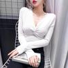 Frühling Herbst Neue Knoten Kragen Top Schlanke Einfarbig Bodenbildung Shirt frauen V-ausschnitt Langarm T-shirt