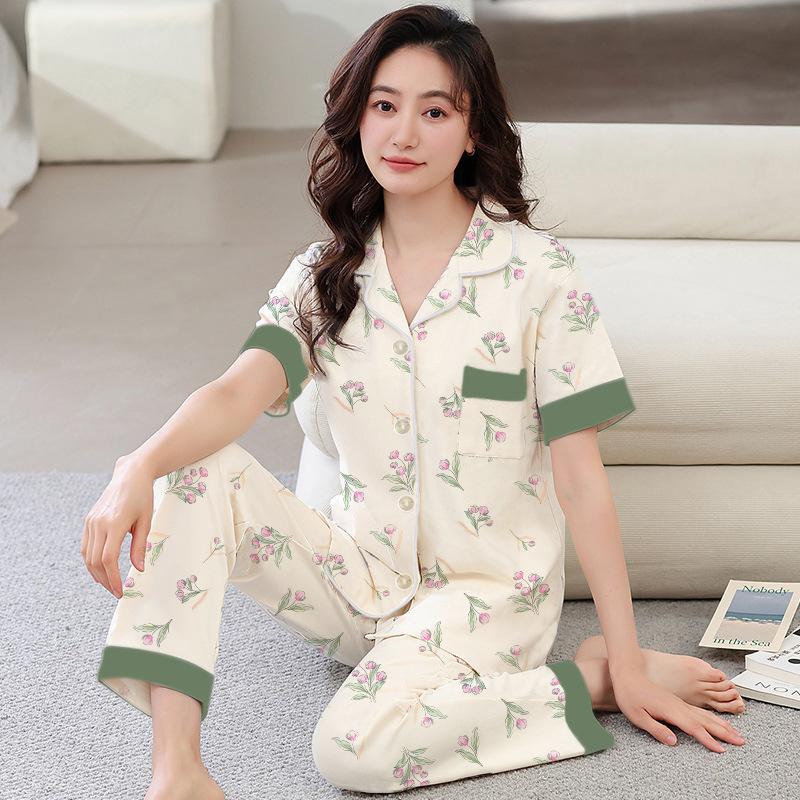 Imitation cotton pajamas women's summer new short-sleeved trousers simple flower mother loungewear large size set