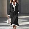 Elegante Vestido Midi Estilo Commuter Sabor Francés Color Blanco y Negro Cuello en V Manga Larga Dama Elegante Vestido de Oficina con Bloques de Color