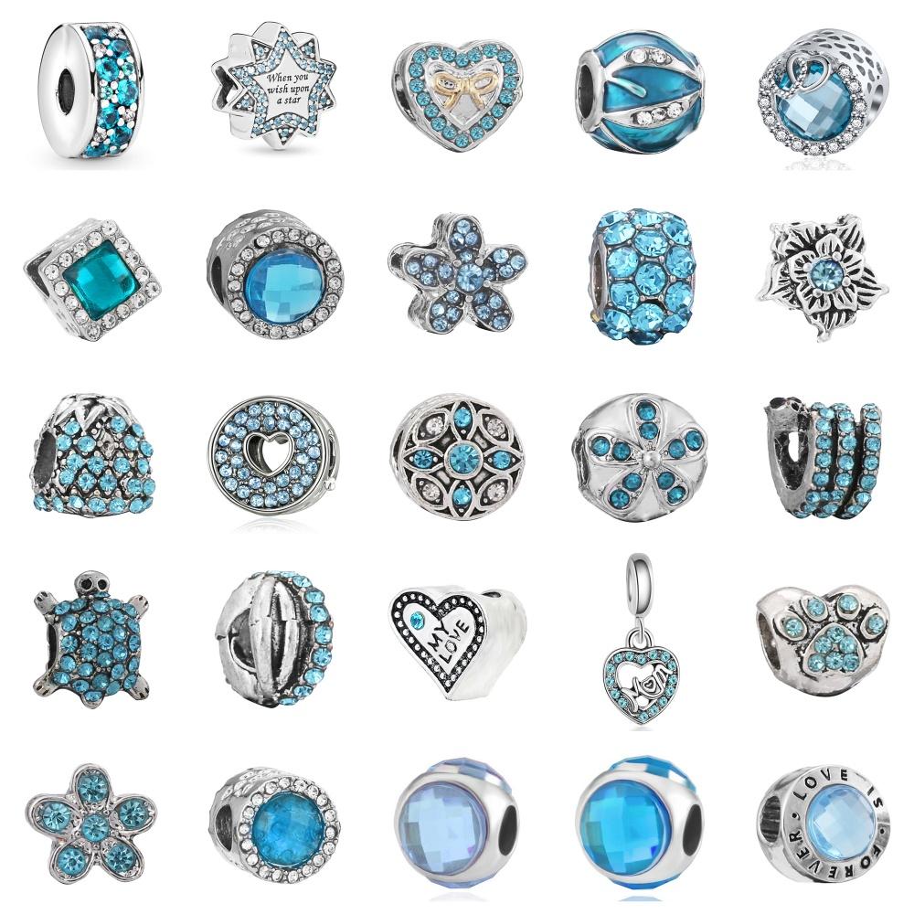 New Silver Plated Blue Diamond Alloy Large Hole Charm Beads For DIY Bracelet Necklace Jewelry Accessories Gifts