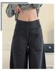 Deep Gray Women's Low-Waist Wool Suit Pants - 2025 Autumn/Winter, Straight-Leg, Buttoned, Loose Drape, High-End Wide-Leg Style