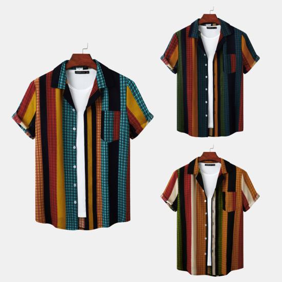 Men Shirt Contrast Color Vintage Striped Short Sleeves Single-breasted Daily Wear Cotton Pocket Men Summer Top Men Clothes