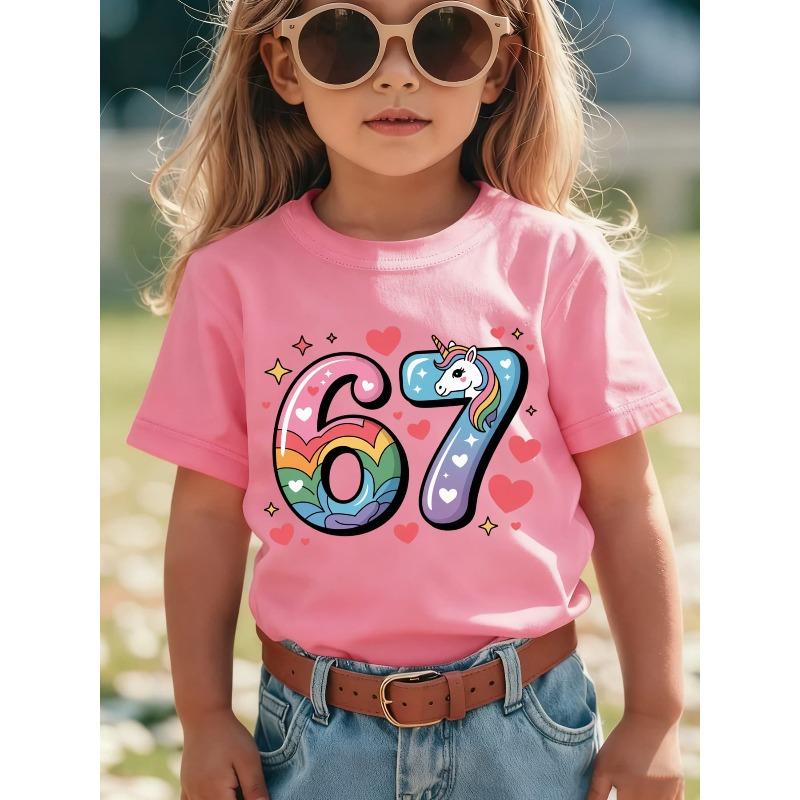 European Size Girls Round-neck Short-sleeved T-shirt with Colorful Creative Number 67 Pattern Print
