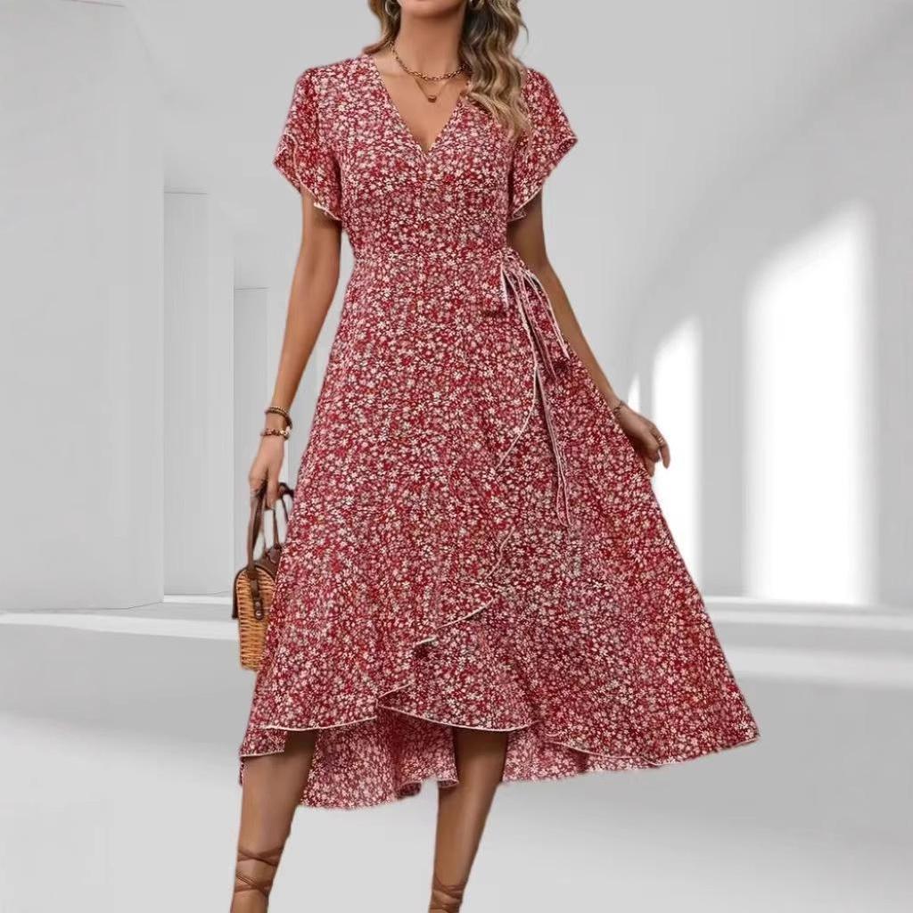 Bohemian Floral V-Neck Short Sleeve Wrap Dress with Belt