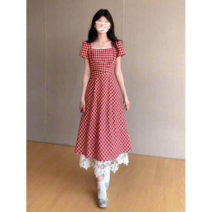 French square neck red plaid dress women's summer small retro dress