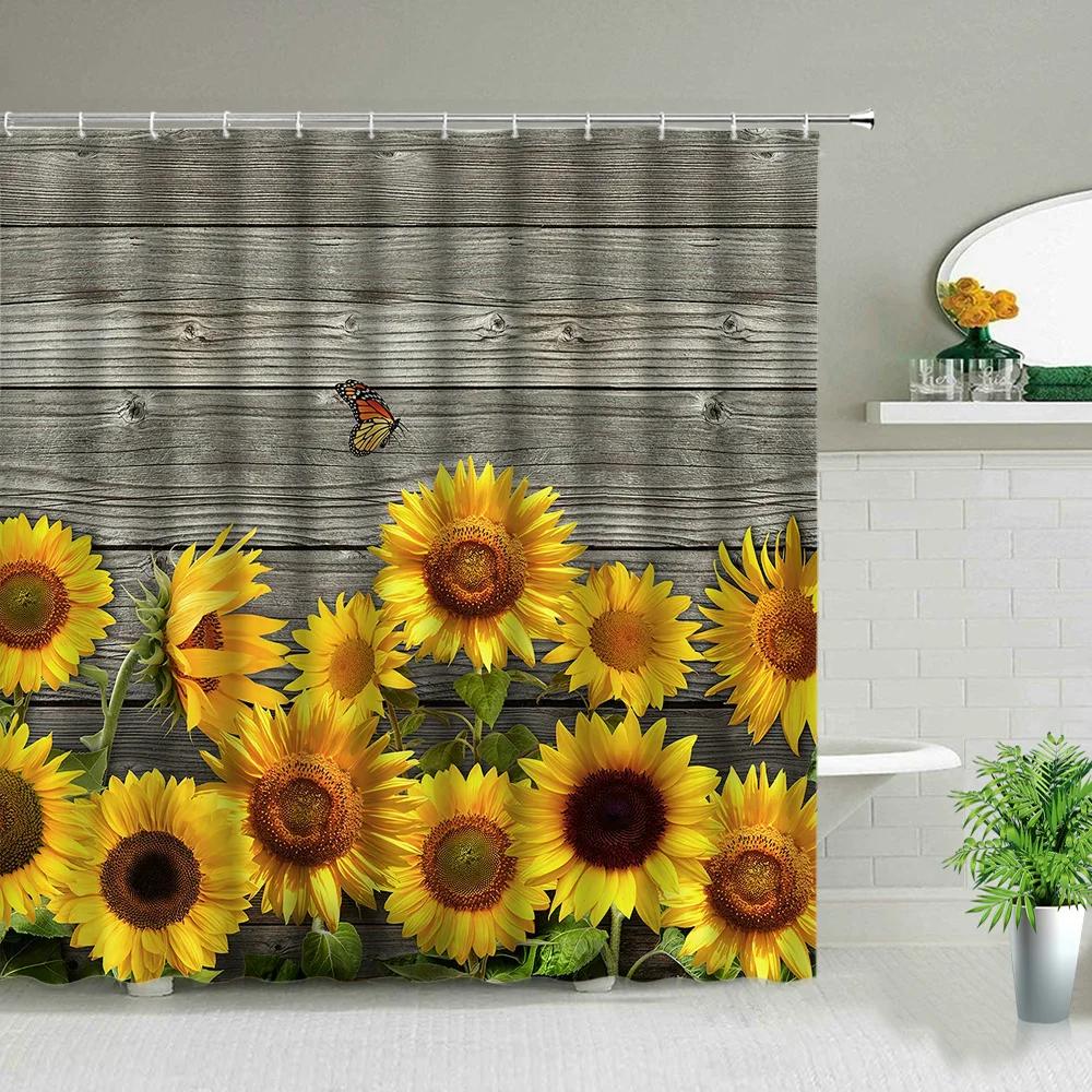 Sunflower Flower Bee Wood Grain Plant Scenery Bathroom Shower Curtain Cactus Butterfly Floral Landscape Bath Curtains With Hooks