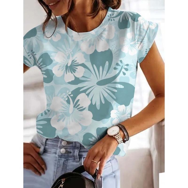 

Женские летние футболки с круглым вырезом и короткими рукавами, красочные цветочные принты, модные свободные повседневные топы, повседневные офисные футболки, пуловеры, S-3XL 5XL