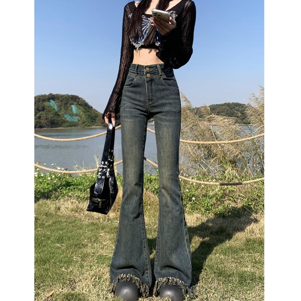 

Retro tassel micro-pull jeans women s early spring 2025 new horseshoe pants high waist cement gray burr edge pull XL