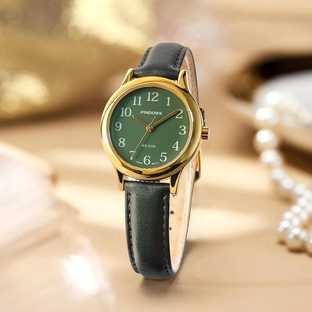 PINDOWS Damski Slim Minimalistyczny Zegarek Kwarcowy Analogowy z Czarnym Skórzanym Paskiem i Kopertą w Odcieniu Złota - Stylowy i Elegancki Zegarek na Co Dzień