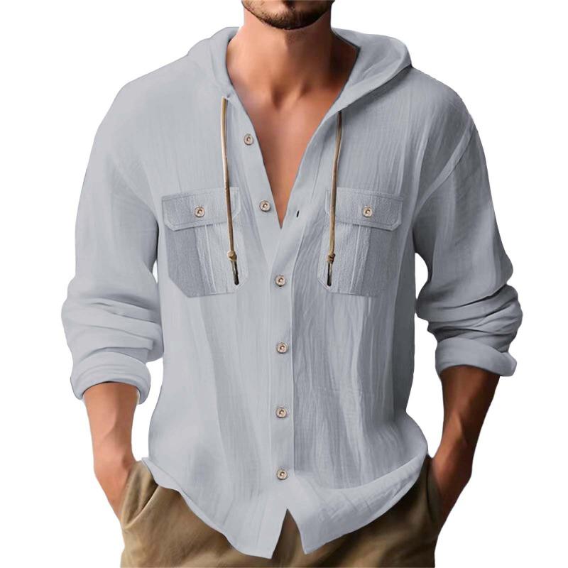 Men's Hooded Long Sleeve Cardigan Shirt Loose Casual.