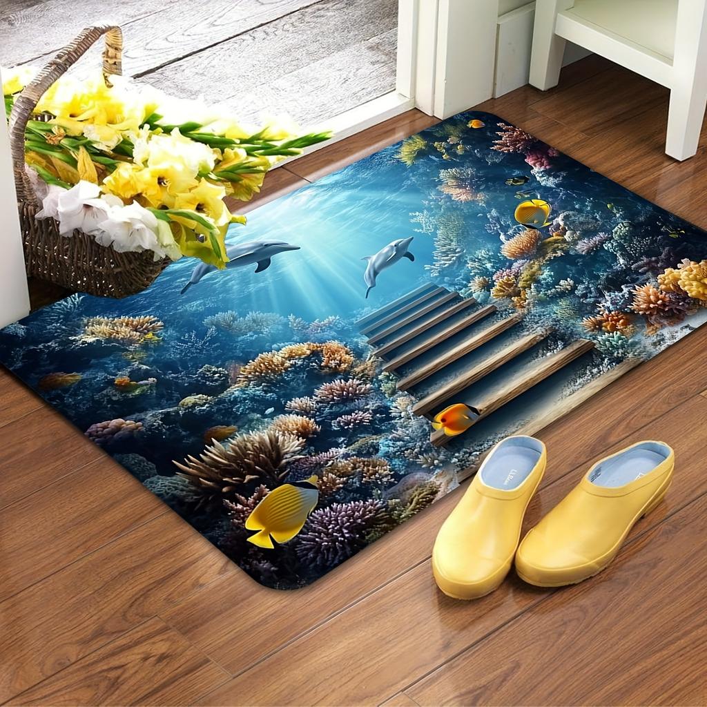 Dolphin Coral Reef Doormat Underwater World Rug, Vibrant Marine Life Print Non-Slip Machine Washable Door Carpet Decor