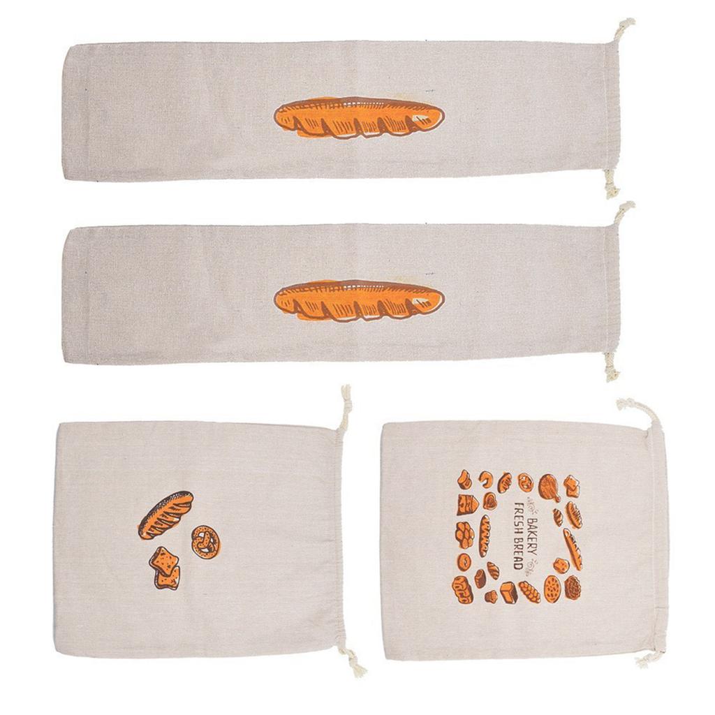 Pack of 4 Organic Linen Bread Storage Bags Reusable Drawstring Designs for Baguettes Vegetables Hand Washable Kitchen