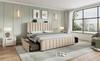 Upholstered Bed, Double Headboard, Golden Stripes, USB Type-C Charging 180*200 cm, Beige Linen with 4 Drawers, Capacity 226 kg (Without Mattress)