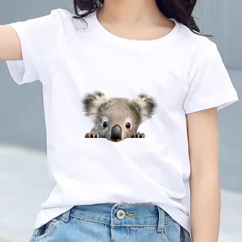 Bawełniany T-shirt dla dzieci Uroczy nadruk z wyłaniającym się koalą Okrągły dekolt Krótki rękaw Koszulka Casual Oddychająca Chłopcy Dziewczynki Letnie Topy