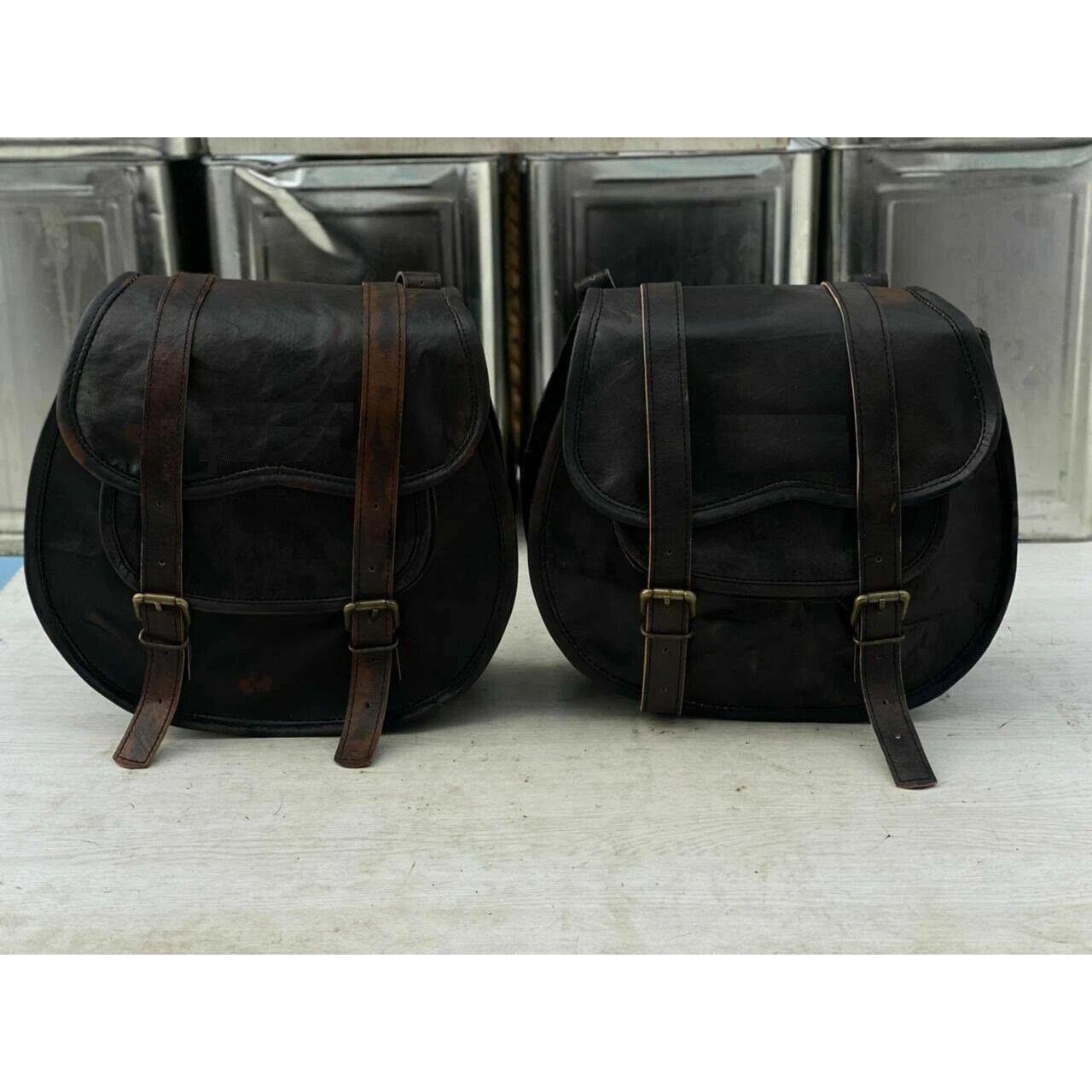

Black Leather Bags Motorcycle Saddlebags Panniers Two Bags Side 11 x 9 x 4 in