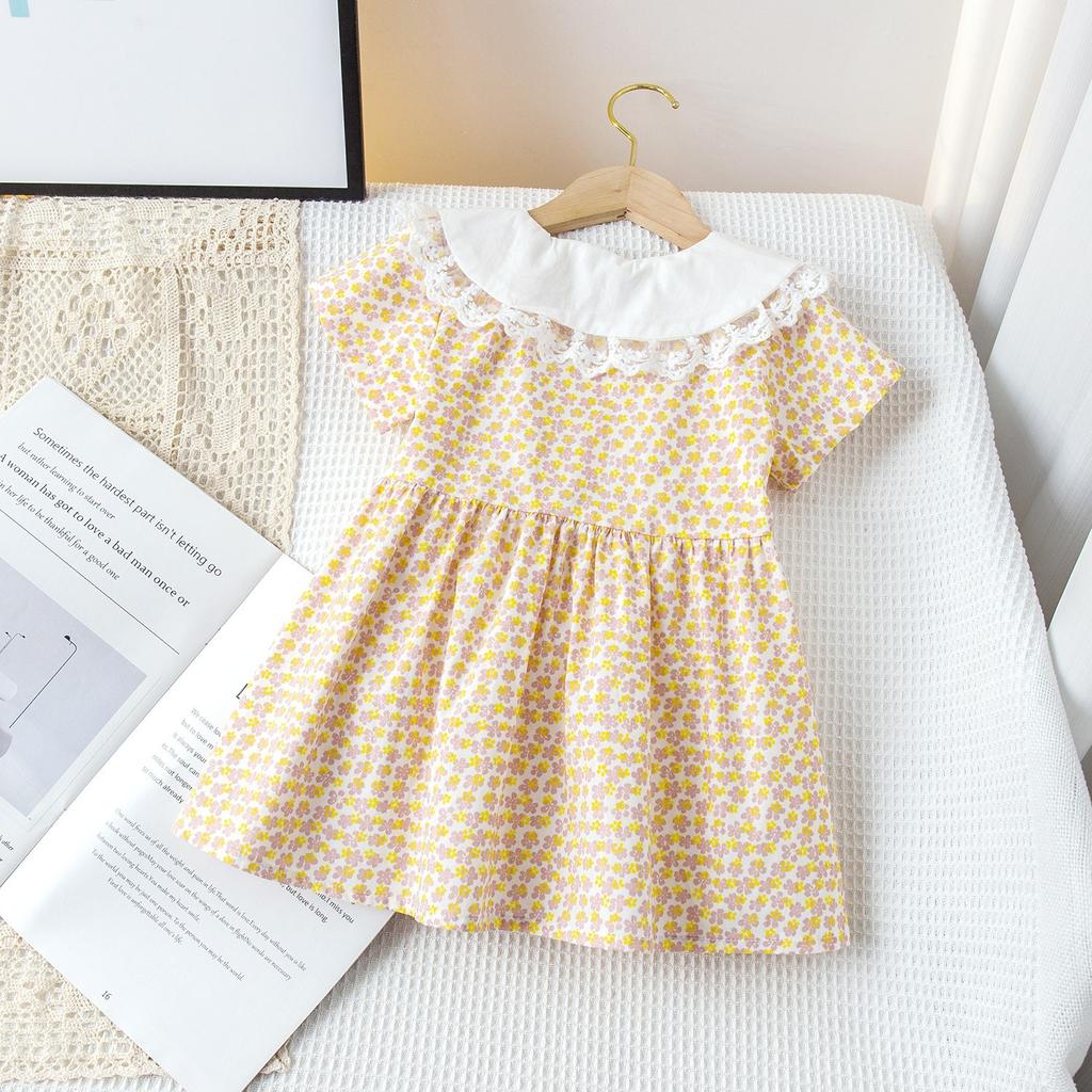 Girls Summer Cotton Floral Princess Dress With Lace Collar Short Sleeve Midi Length Baby Girl Cute Casual Dress