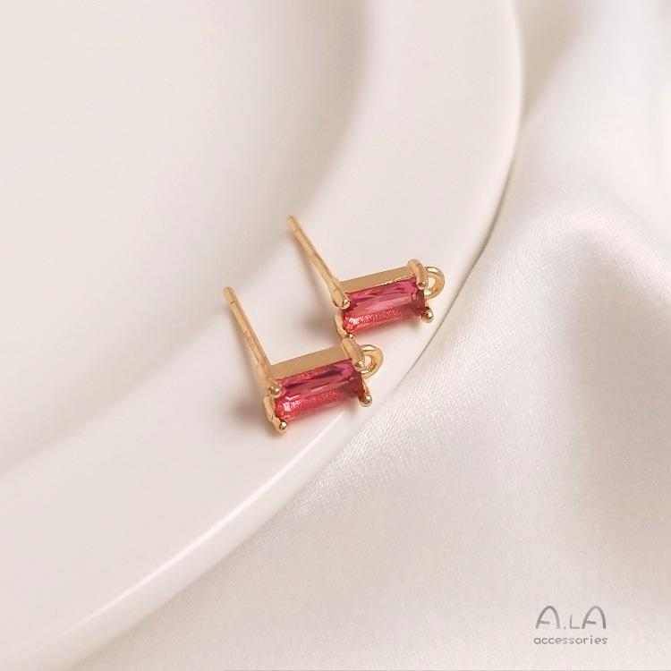 14K Gold-Plated Silver Studs with Rectangular Zircon and Colorful Hanging Ear Pins for DIY Accessories