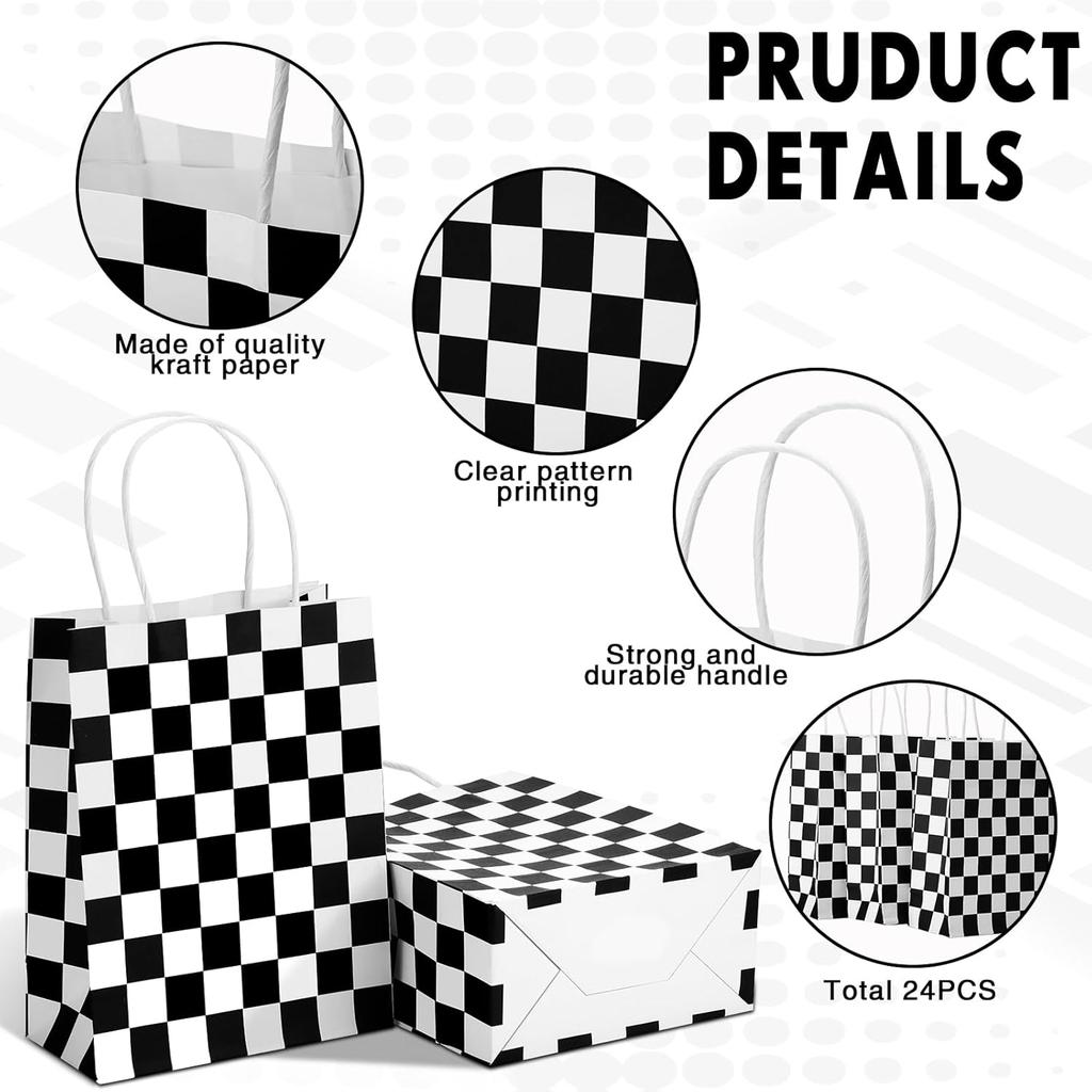 Gersoniel 24 Pieces Checkered Race Treat Bags White Black Checkered Bags Racecar Themed Candy Containers Plaid Kraft Paper Race Car Party Favors