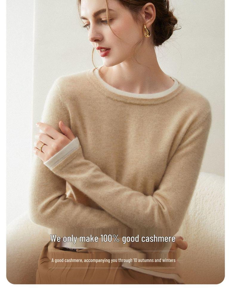 Women's 100% Cashmere Slimming Round Neck Color Block Two-Piece Look Knit Sweater