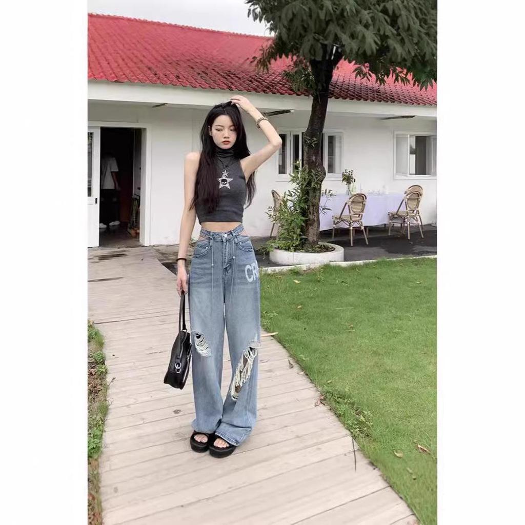 Women's High Waist Washable Ripped Jeans - Slimming, Loose Fit, Floor-Length Wide-Leg Pants