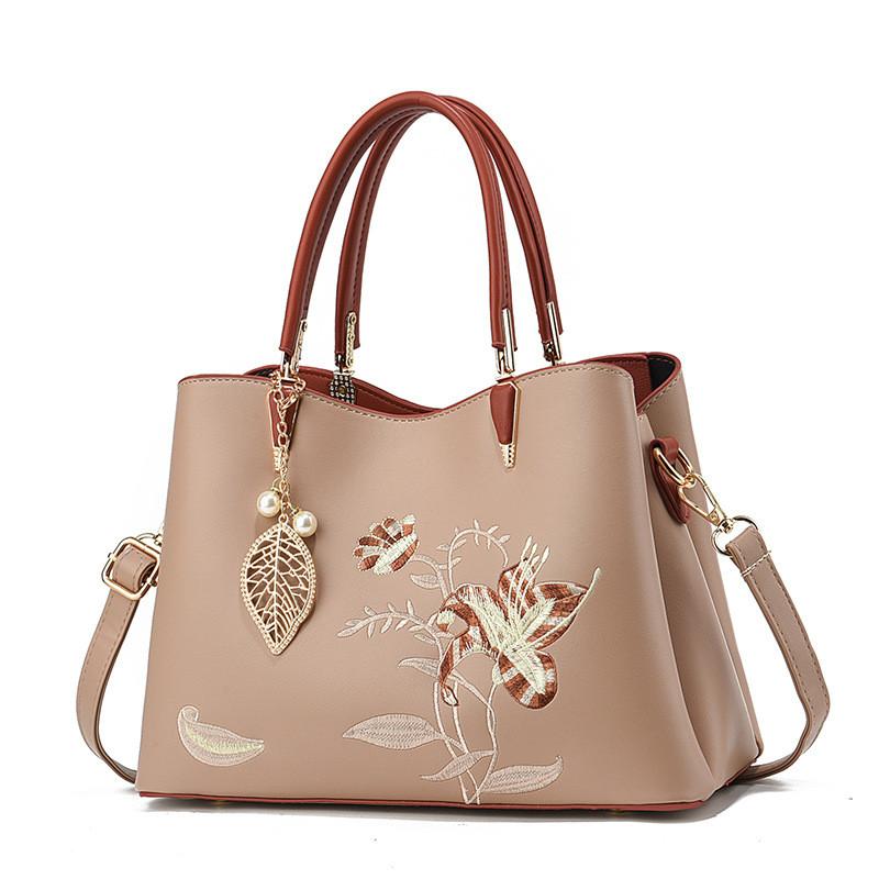 Stylish Large Capacity Embroidered Tote Bag For Women Perfect For Business Commute In Khaki And Cream Colors