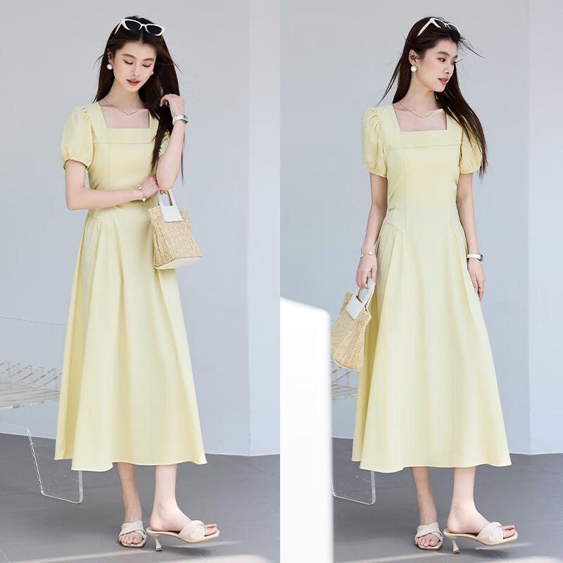 VICTORIA&VERA Women's French Square Neck Puff Sleeve Midi Dress