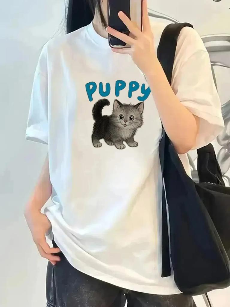 Womens Cute Puppy PUPPY Letter Print with Kittenlike Black Harajuku Sleeve Casual Clothing Street Tops Tees Aesthetic Clothes
