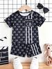 Toddler Boys Cool CB Monogram Print 2-Piece Outfit, Summer Navy Casual Clothes for Kids, Perfect for Playwear & Outdoor