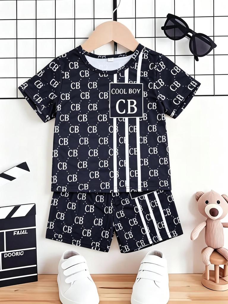 Toddler Boys Cool CB Monogram Print 2-Piece Outfit, Summer Navy Casual Clothes for Kids, Perfect for Playwear & Outdoor