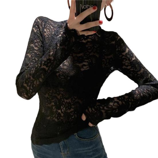 Turtleneck Long Sleeves Perspective Thin Bottoming Top Women Embroidery Floral Crochet Lace Hollow Top